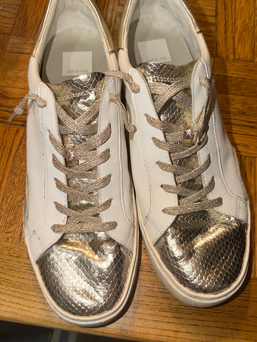 Dolce Vita White Sneakers with Metallic Gold Snake-Print